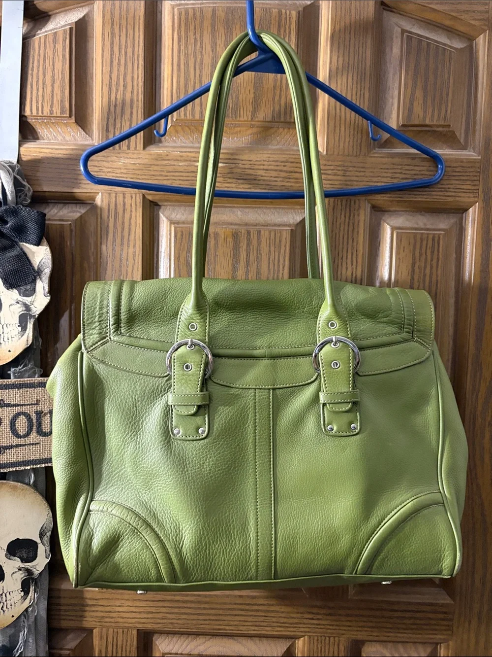Olive Green Pebbled Leather Tote with Buckle Straps
